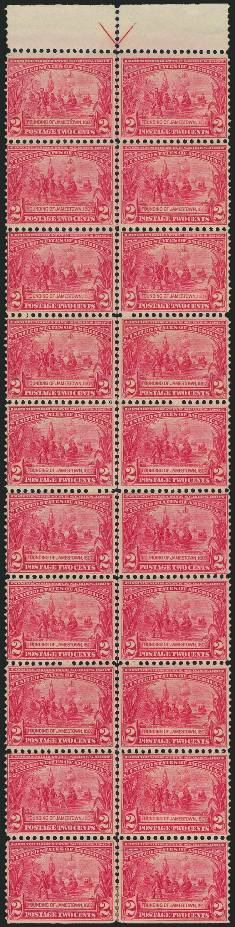 2c Jamestown (329).> Vertical block of 20 with arrow at top and natural s.e. at bottom (these two are hinged), others Mint N.H., Fine-Very Fine with several that are really nice and will grade Very Fine and
choice or Extremely Fine