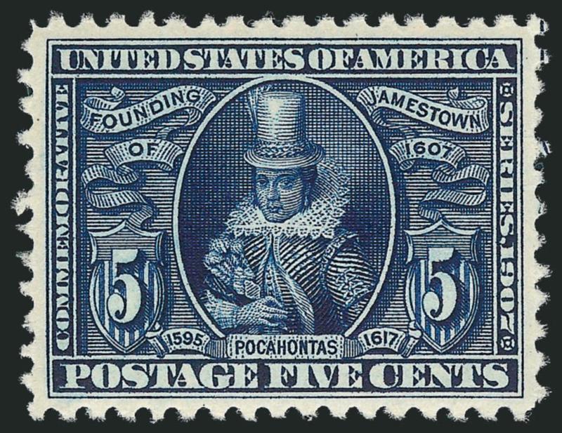 5c Jamestown (330).> Mint N.H., intense shade and proof-like impression on bright paper, unusually wide margins for this difficult issue, Extremely Fine Gem, a superb stamp in every respect, with 1994 P.F. and
2010 P.S.E. certificates (XF-Superb 95