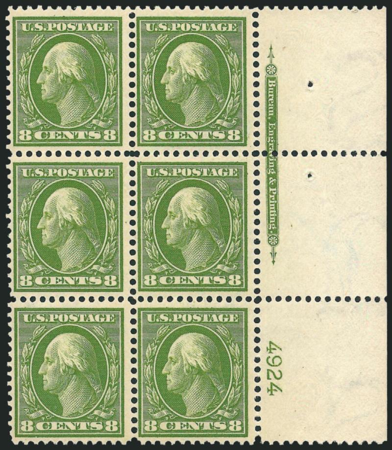 8c Olive Green (337).> Wide right imprint and plate no. 4924 block of six, slightly disturbed original gum, rich color, Fine, with 2003 P.F. certificate