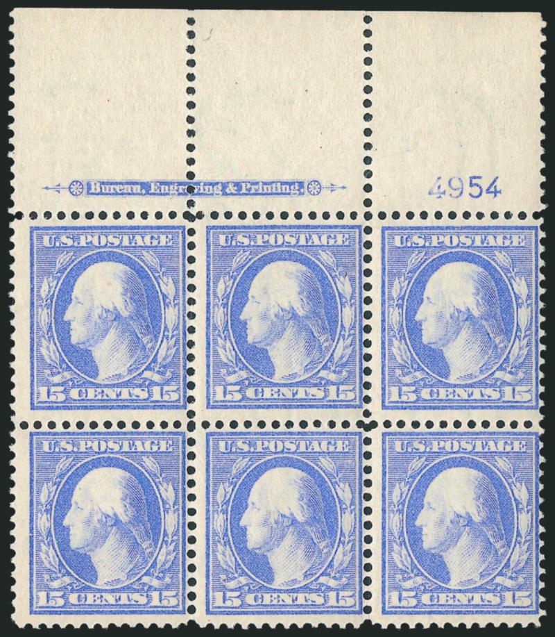 15c Pale Ultramarine (340).> Mint N.H. wide top imprint and plate no. 4954 block of six, fingerprint on back of one stamp, Fine