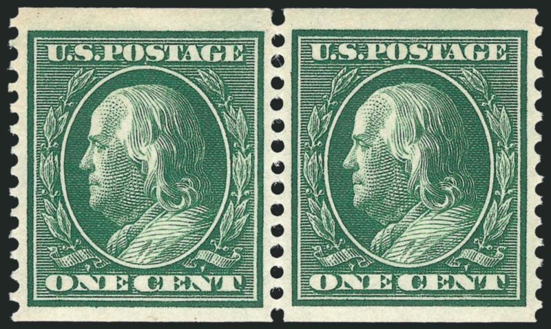 1c Green, Coil (352).> Mint N.H. pair with 2mm spacing, vibrant color and proof-like impression, well-proportioned margins, fresh and Extremely Fine, with 2005 P.S.E. certificate (XF 90 SMQ $860.00), only one
pair has graded higher to date and only