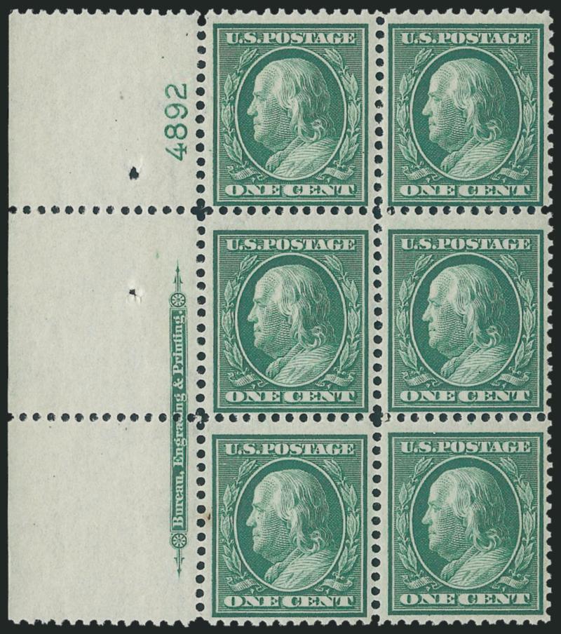 1c Green, Bluish (357).> Mint N.H. wide left imprint and plate no. 4892 block of six, fresh and Fine, with 2004 P.F. certificate