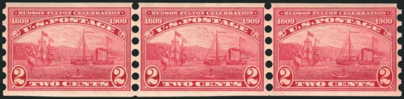 2c Hudson Fulton, Mailometer Ty. II (373).> Horizontal strip of three, rich color and well-centered, Extremely Fine, Scott Retail as two and one-half pairs