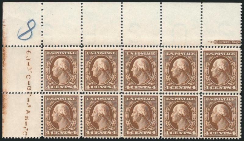 4c Brown (377).> Mint N.H. horizontal block of ten (5 x 2) with top left corner selvage, 3mm spacing, fresh, Very Fine, Scott Retail as ten Mint N.H. singles
