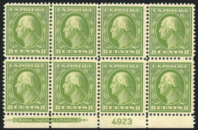 8c Olive Green (380).> Bottom imprint and plate no. 4923 block of eight, pos. 2 and 3 small h.r., others Mint N.H., pretty color, Very Fine