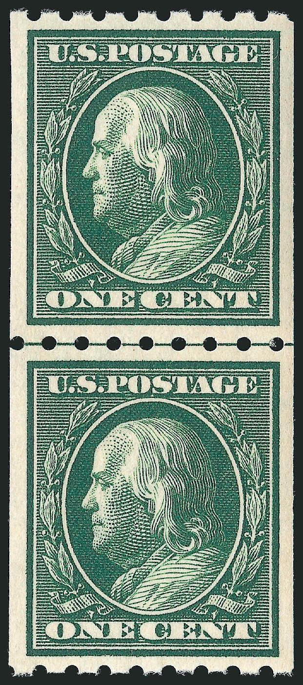 1c Green, Coil (390).> Mint N.H. guide line pair, almost mathematically perfect centering, deep rich color on bright paper, Extremely Fine Gem, with 2010 P.S.E. certificate (Superb 98 SMQ $550.00)