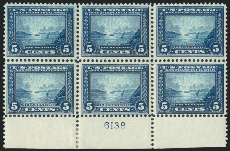 5c Panama-Pacific (399).> Bottom plate no. 6138 block of six, five stamps Mint N.H., beautiful color, reinforced separation in selvage, Fine-Very Fine