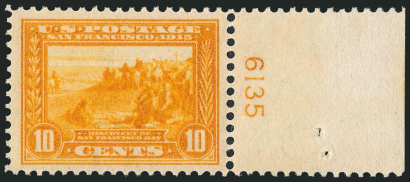 10c Orange Yellow, Panama-Pacific (400).> Mint N.H. with wide right plate no. 6135 selvage, exceptionally well-centered, vivid color on crisp paper, Extremely Fine, with 2010 P.S.E. certificate