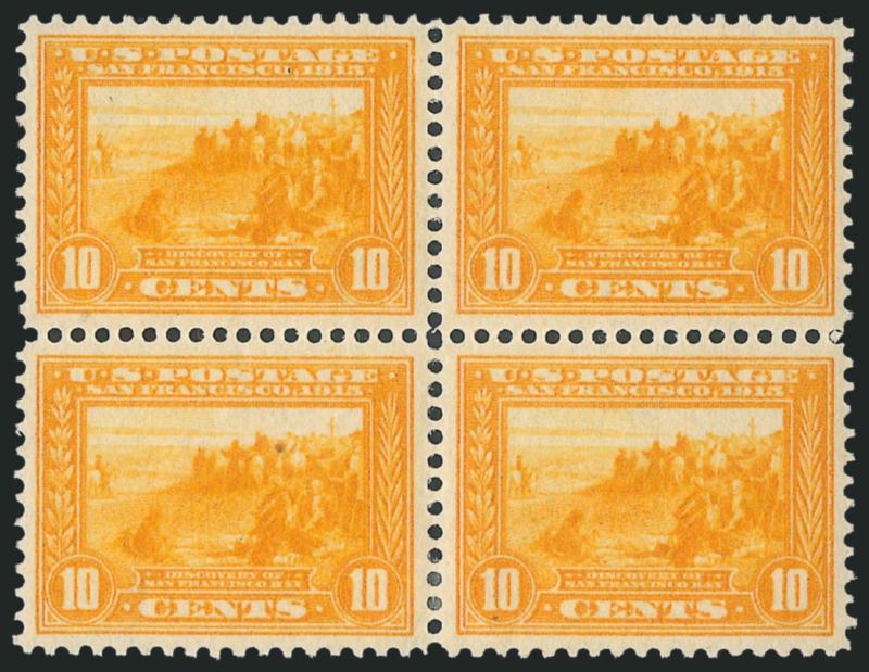10c Orange Yellow, Panama-Pacific (400).> Block of four, lightly hinged, bright color and exceptionally well-centered, Extremely Fine