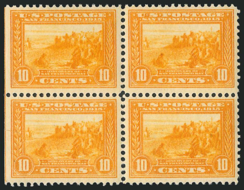 10c Orange Yellow, Panama-Pacific (400).> Block of four, lightly hinged, natural s.e. at left, bright color and well-centered, bottom left stamp indentation at left that almost breaks the paper, otherwise Very
Fine