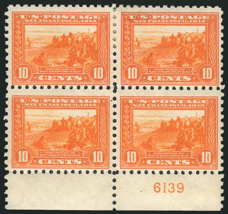 10c Panama-Pacific, Perf 10 (404).> Block of four with plate no. 6139 at bottom, bottom pair Mint N.H., top pair h.r., vivid color, margins clear to wide, few perf separations, Fine, Scott Retail as
singles