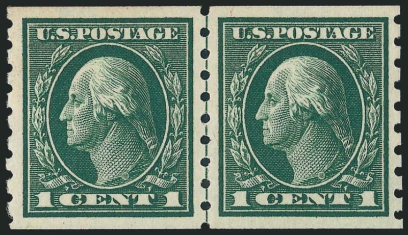 1c Green, Coil (412).> Mint N.H. guide line pair, large margins and well-centered, beautiful strong color and crisp, Extremely Fine, with 2010 P.S.E. certificate (XF 90 SMQ $395.00)