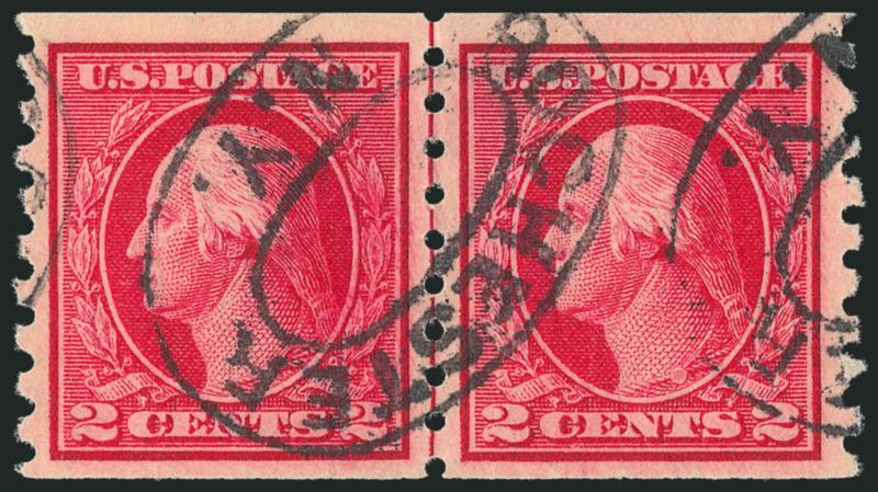 2c Carmine, Coil (413).> Guide line pair, well-centered, deep rich color with bold Rochester N.Y. oval cancels, Very Fine, scarce, with 2002 P.F. and 2010 P.S.E. certificates
