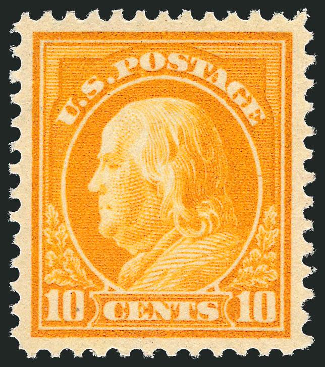 10c Orange Yellow (416).> Mint N.H., vibrant color as fresh as the day it was printed, wide perfectly balanced margins, Extremely Fine Gem, a superb stamp in every respect, with 2008 P.S.E. certificate (Superb
98 SMQ $2,400.00), this is the second h