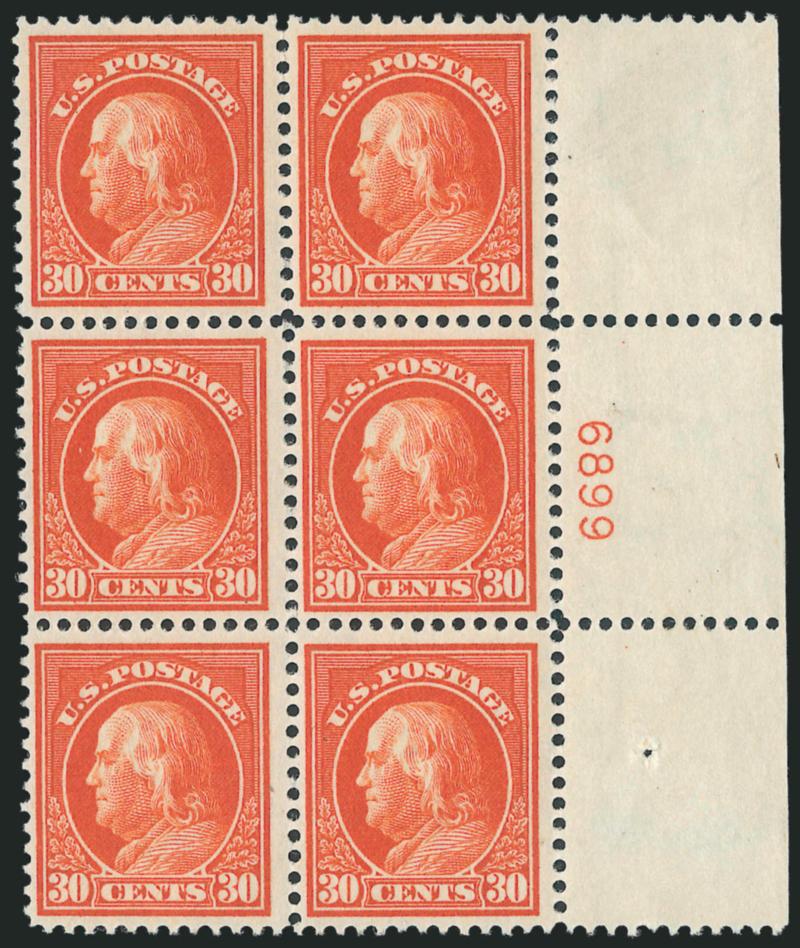 30c Orange Red (420).> Wide right plate no. 6899 block of six, two lightly hinged, others Mint N.H., marvelous rich color, Fine