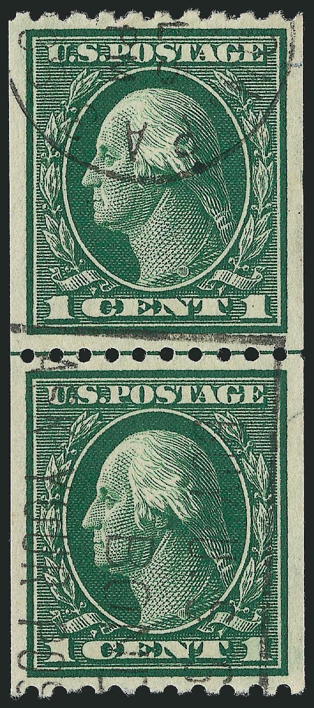 1c Green, Coil (441).> Guide line pair, rich color, neat strike of Pa. slogan cancel, beautiful centering, Extremely Fine Gem, an extremely difficult used guide line pair to obtain in such superb condition,
with 2010 P.S.E. certificate (XF-Superb 95