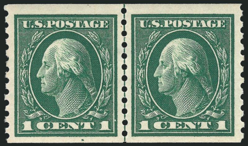 1c Green, Coil (443).> Mint N.H. guide line pair, huge margins, rich color on bright paper, Extremely Fine, with 2003 P.F. certificate