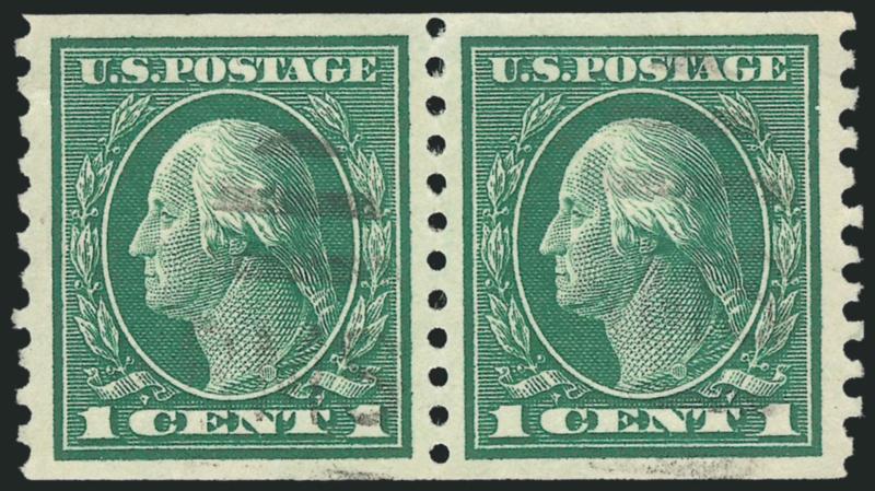 1c Green, Coil (443).> Pair, crisp impression and rich color on fresh paper, almost mathematically perfect centering, light duplex cancel, Extremely Fine Gem, a superb used pair in the finest attainable
condition, P.S.E. encapsulated (Superb 98 SMQ