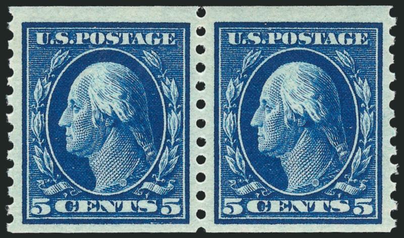 5c Blue, Coil (447).> Mint N.H. pair, vivid color, wide margins, Very Fine and choice, with 2001 P.F. certificate