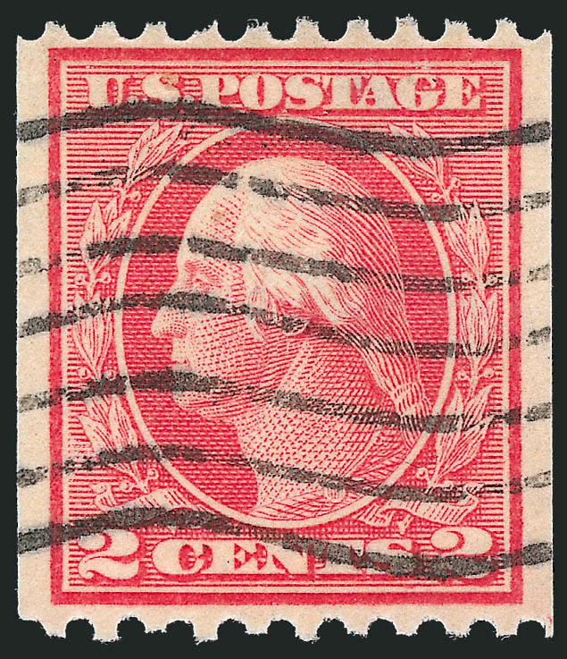 2c Red, Ty. I, Coil (449).> Better centered than typically seen with wide side margins, attractive light color, neat wavy-line machine cancel, Very Fine and choice, with 2010 P.S.E. certificate (VF-XF 85 SMQ
$650.00)