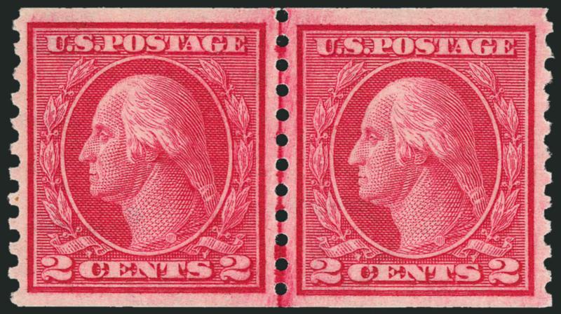 2c Carmine Rose, Ty. I, Coil (453).> Joint line pair, single hinge mark at top, balanced margins and bright color, Extremely Fine, with 1999 P.F. certificate