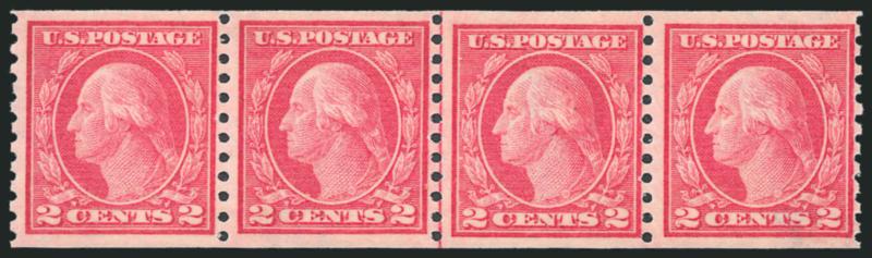 2c Red, Ty. II, Coil (454).> Mint N.H. joint line strip of four, bright color, Fine, with 1991 P.F. certificate