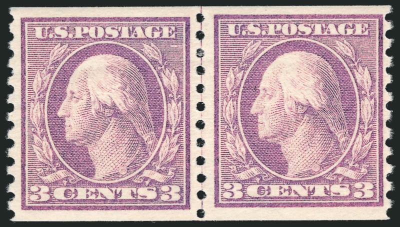 3c Violet, Coil (456).> Joint line pair, lightly hinged, fresh color on bright white paper, well-centered, Very Fine and choice, the left stamp Extremely Fine, a beautiful joint line pair, with 2004 P.F.
certificate