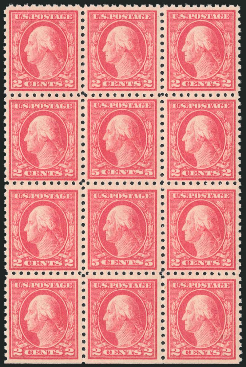 5c Carmine, Error (467).> Mint N.H. double error in block of twelve, natural s.e. at bottom, brilliant color, outstanding centering<><>^VERY FINE AND CHOICE. A BEAUTIFUL MINT NEVER-HINGED 5-CENT CARMINE PERF
10 DOUBLE ERROR BLOCK.^<><>With 2004 P