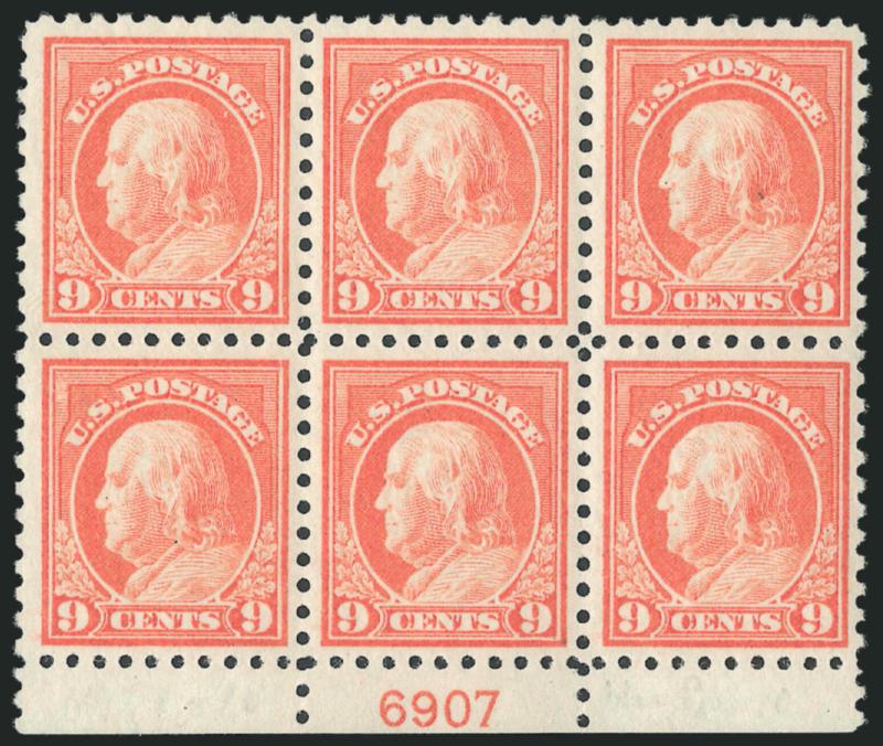 9c Salmon Red (471).> Bottom plate no. 6907 block of six, pos. 2 lightly hinged, others Mint N.H., fresh and bright, handsomely centered, Extremely Fine