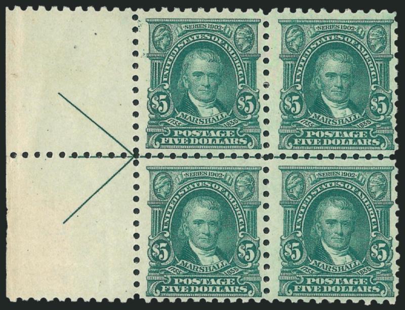 $5.00 Light Green (480).> Block of four with left arrow selvage, faintly hinged, bright color, Fine