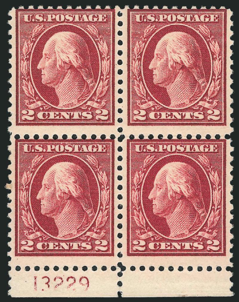 2c Lake, Ty. I (499h).> Mint N.H. bottom margin block of four with plate no., 13229, intense color in the so-called Boston Lake shade, Fine and attractive, with 2002 P.S.E. certificate, Scott Retail as
singles