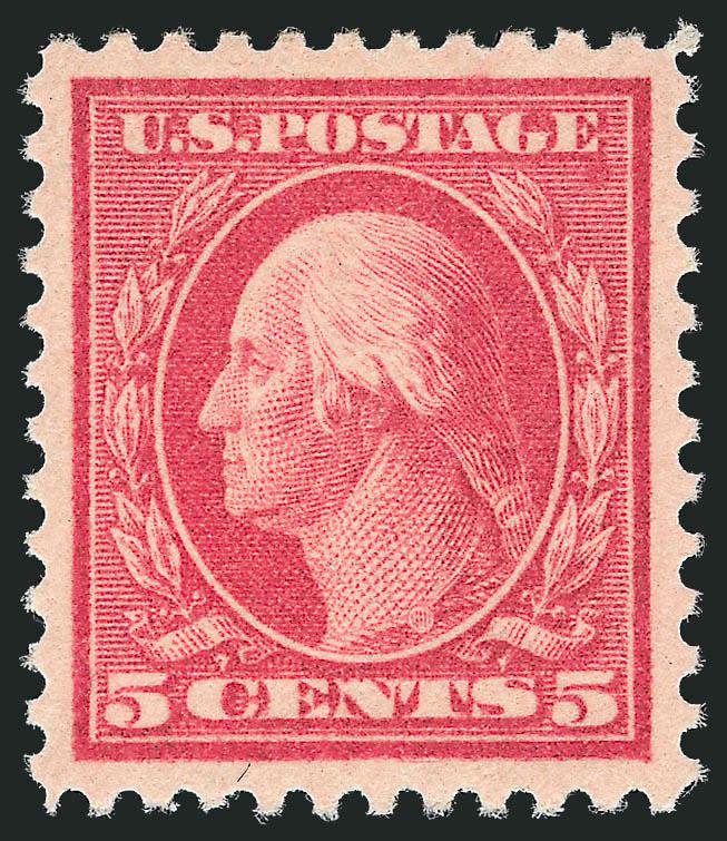 5c Rose, Error (505).> Mint N.H., perfectly balanced margins, vivid color and clean impression, Extremely Fine Gem, with 2008 P.S.E. certificate (Superb 98 SMQ $2,250.00), one of eight awarded this grade with
only two higher