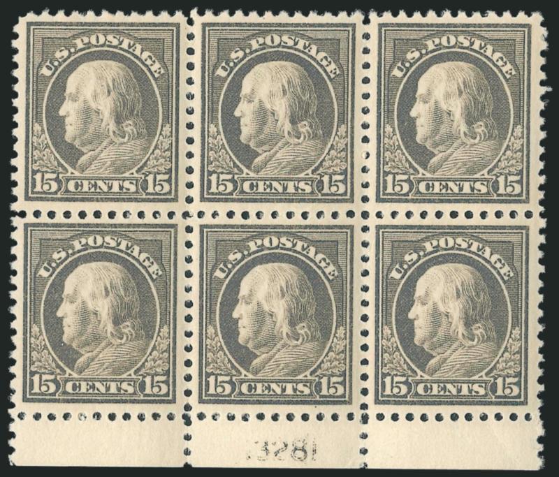 15c Gray (514).> Bottom plate no. 13281 block of six, plate no. lightly printed, five stamps Mint N.H., Extremely Fine