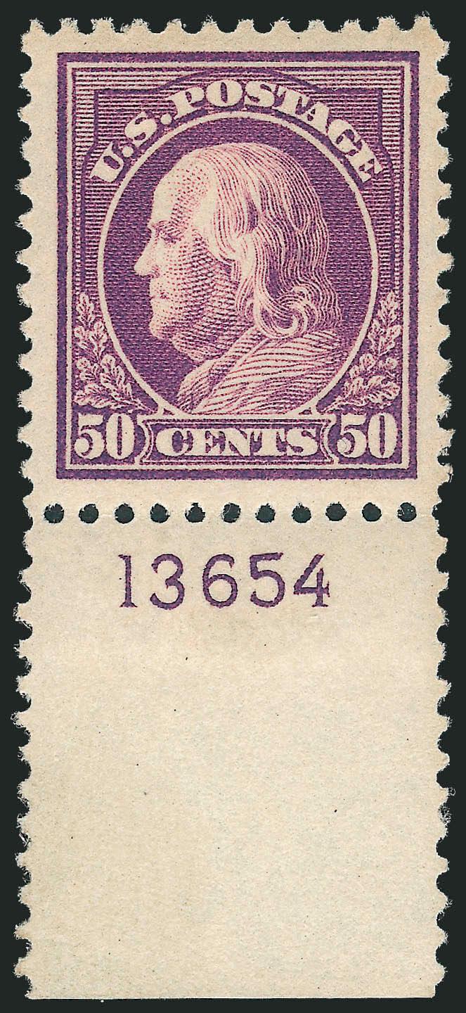 50c Red Violet (517).> Mint N.H. with <plate no. 13654 with wide selvage> at bottom, rich color on crisp paper, Jumbo margins, Extremely Fine Gem, with 2010 P.S.E. certificate (XF-Superb 95 Jumbo SMQ $650.00
as 95, $1,650.00 as 98)