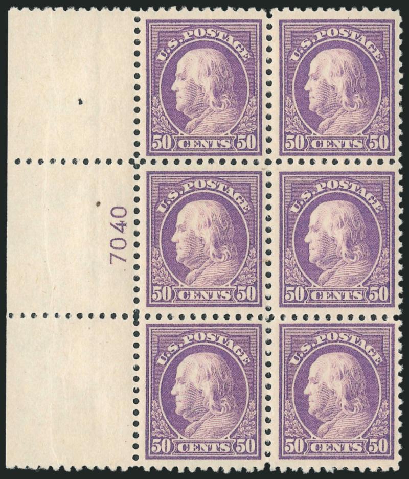 50c Red Violet (517).> Mint N.H. wide left plate no. 7040 block of six, vivid color on fresh paper, nicely centered, Very Fine, with 2004 P.F. certificate