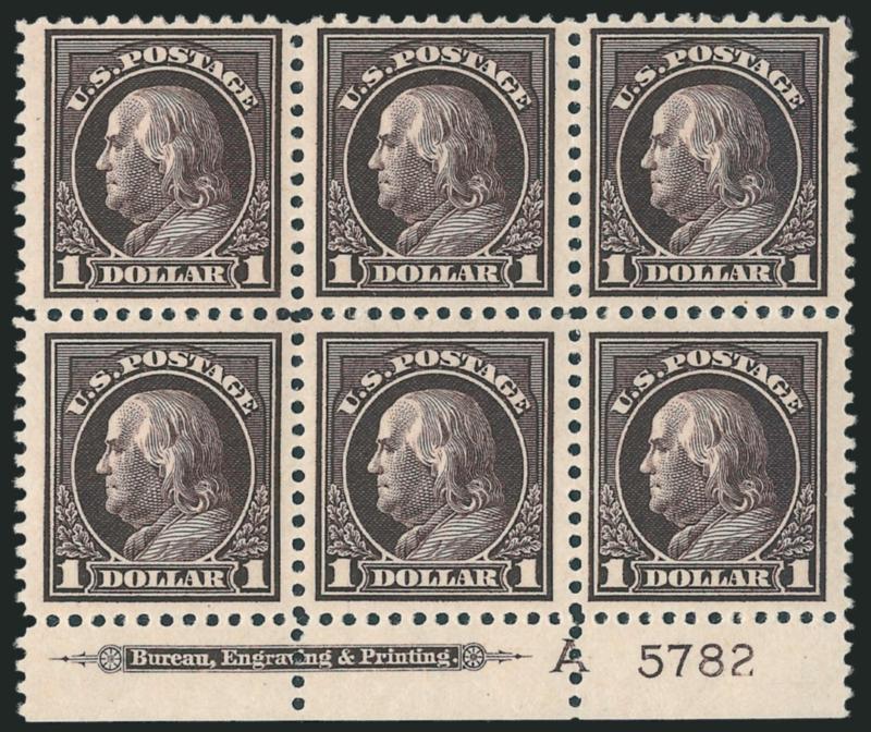 $1.00 Violet Brown (518).> Bottom imprint, plate no. 5782 and letter A block of six, pos. 5 lightly hinged, others Mint N.H., intense color and clear impression, Fine-Very Fine