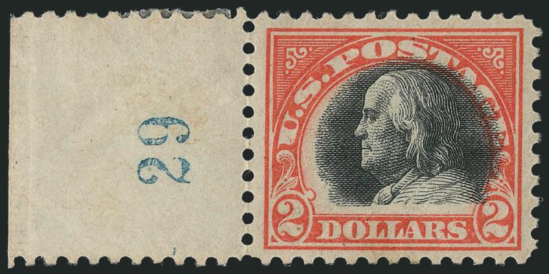 $2.00 Orange Red & Black (523).> Mint N.H. with selvage at left (handstamped number), interesting vignette shift, h.r. in selvage only, wide margins, hint of light staining at bottom is barely noticeable,
otherwise Extremely Fine