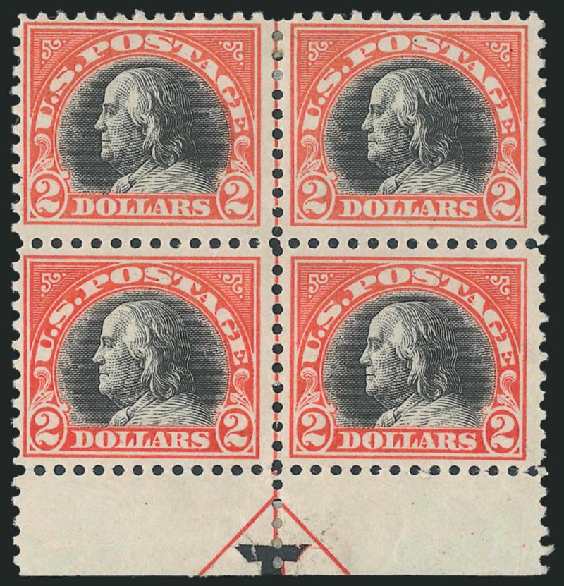 $2.00 Orange Red & Black (523).> Bottom arrow block of four, natural gum creases, bottom pair couple light gum thin spots, otherwise Fine