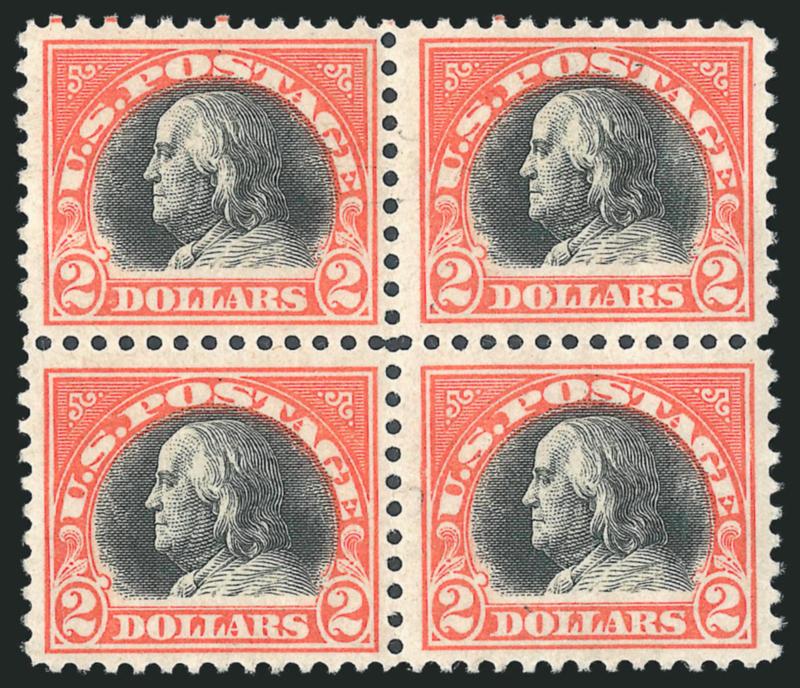 $2.00 Orange Red & Black (523).> Block of four, barely hinged, nicely centered, top right stamp two gum creases, bottom right stamp tiny bit of soiling in margin, appears Extremely Fine, others Fine-Very
Fine