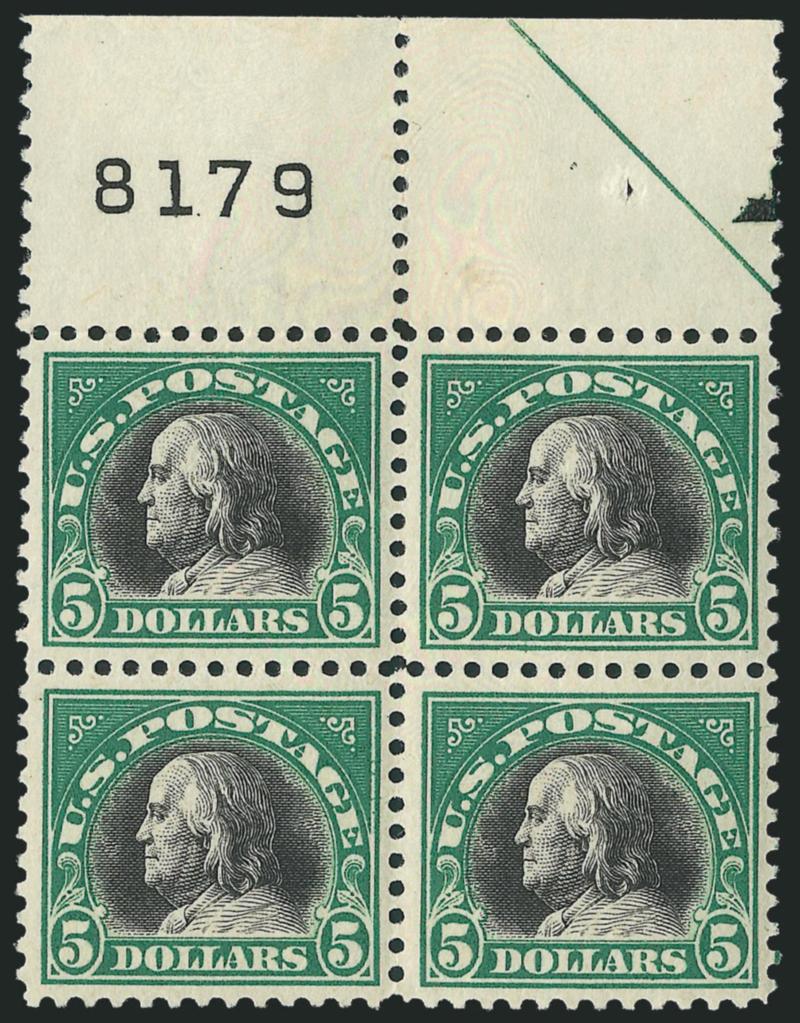 $5.00 Deep Green & Black (524).> Mint N.H. block of four with top part right arrow and black plate no. 8179 selvage, wonderfully fresh with marvelous strong colors, Very Fine, with 2001 P.F. certificate, Scott
Retail as four Mint N.H. singles