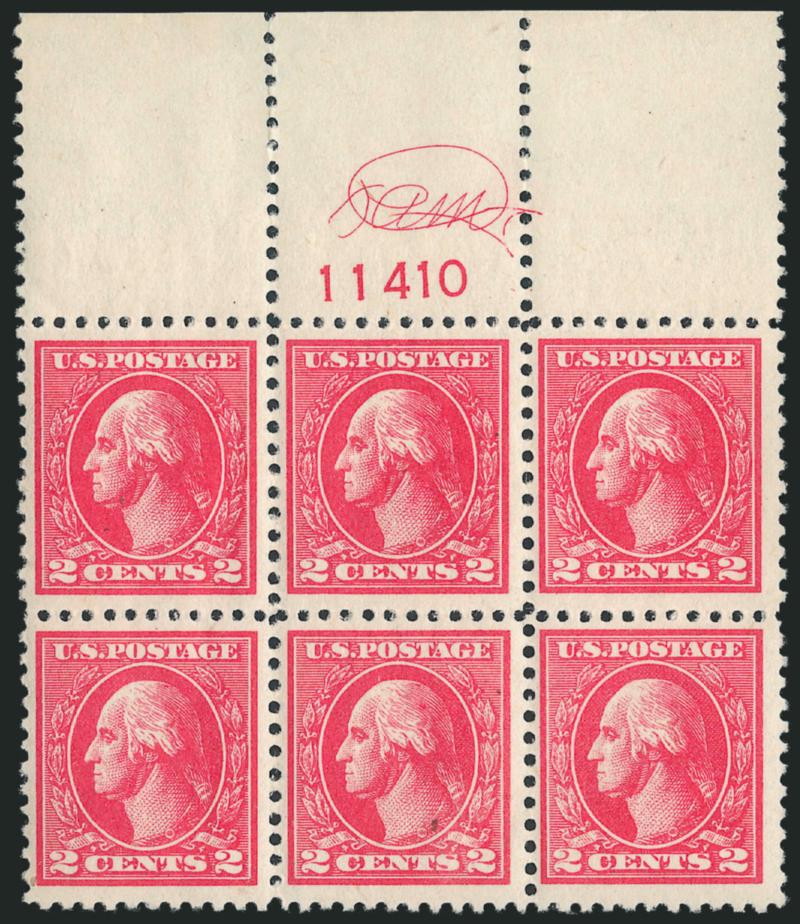 2c Carmine, Ty. VI (528A).> Mint N.H. top plate no. 11410 and monogram block of six, brilliant color, well-balanced margins throughout, bottom stamp small natural inclusion, Extremely Fine, with 2011 P.S.E.
certificate