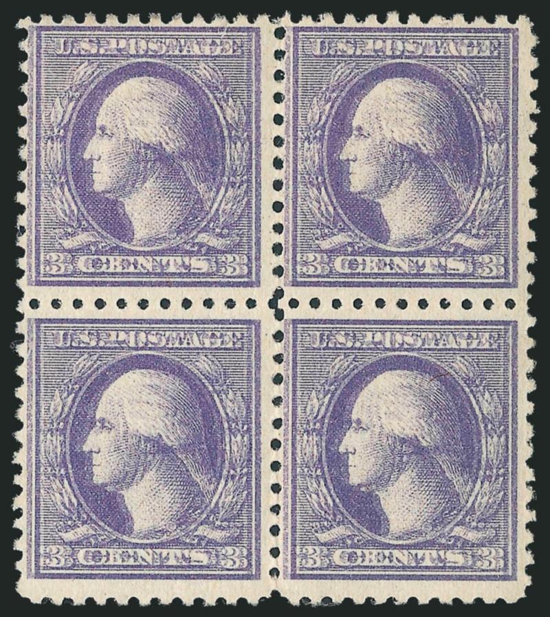 3c Light Violet, Ty. III, 3c Purple Ty. IV, Double Impressions (529a-530a).> Two blocks of four of former, four stamps Mint N.H., others h.r., one block natural s.e. at left, one part arrow bottom margin block
of four of latter, h.r., clear doubling