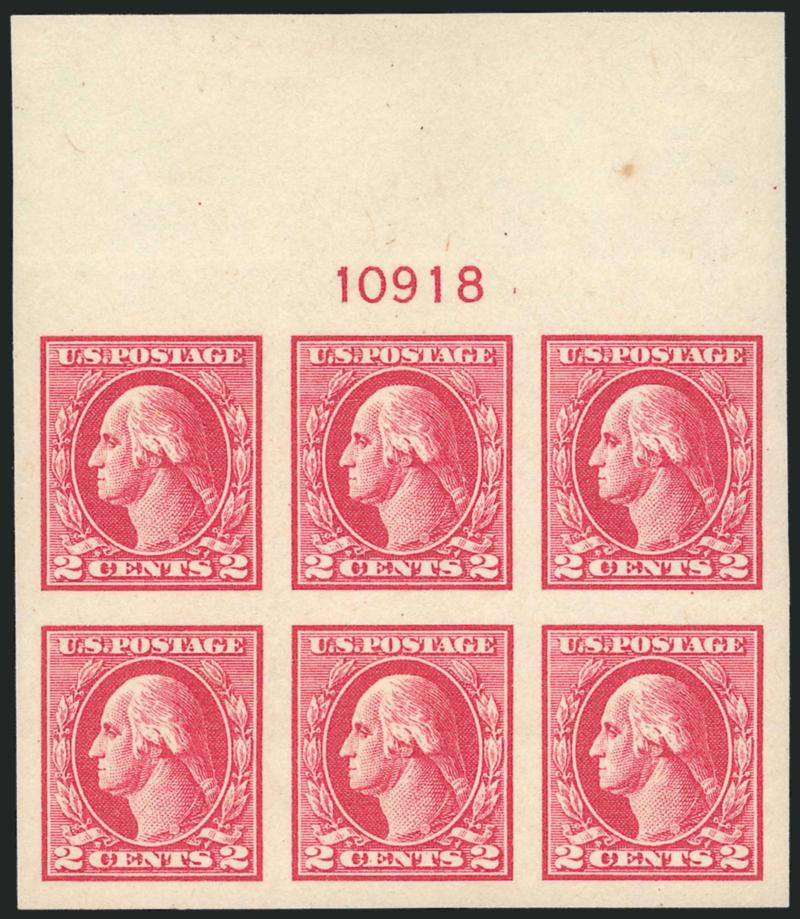 2c Carmine Rose, Ty. IV, Imperforate (532).> Mint N.H. wide top plate no. 10918 block of six, huge margins, crisp impression, tiny light brownish natural inclusion speck in selvage far from plate no.,
otherwise Extremely Fine Gem