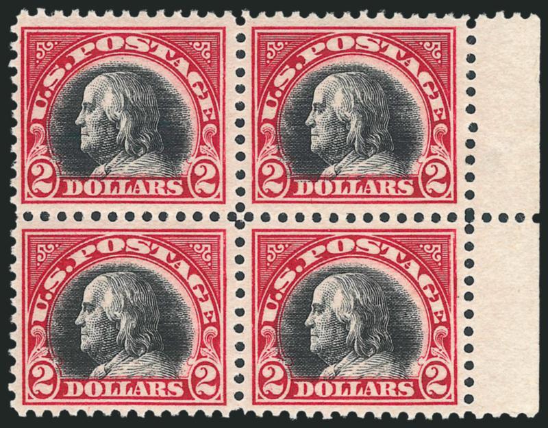 $2.00 Carmine & Black (547).> Block of four with right selvage, pos. 2 hinged, others Mint N.H., pos. 2 unusual misaligned perf caused by bent perf pin, Fine-Very Fine