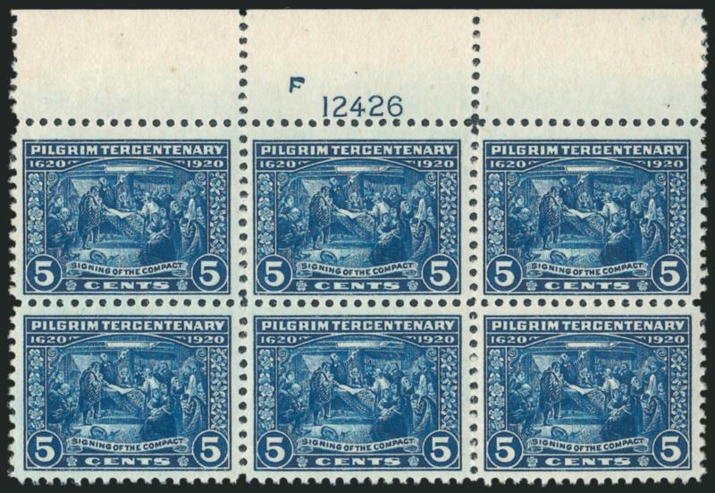 5c Pilgrim Tercentenary (550).> Mint N.H. top plate no. F12426 block of six, rich color on bright paper, Very Fine