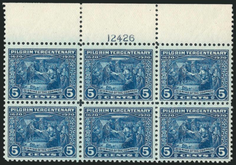 5c Pilgrim Tercentenary (550).> Top plate no. 12426 block of six, tiny strengthened separation at top of selvage parts one and two, otherwise Mint N.H., exceptionally well-centered, Very Fine, Scott Retail as
six Mint N.H. singles