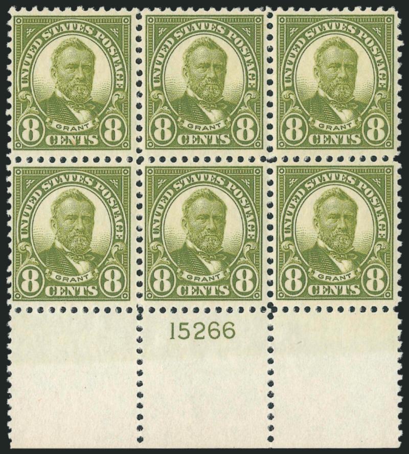 8c Olive Green (560).> Mint N.H. bottom plate no. 15266 block of six, rich color, Very Fine and choice, a pretty plate block