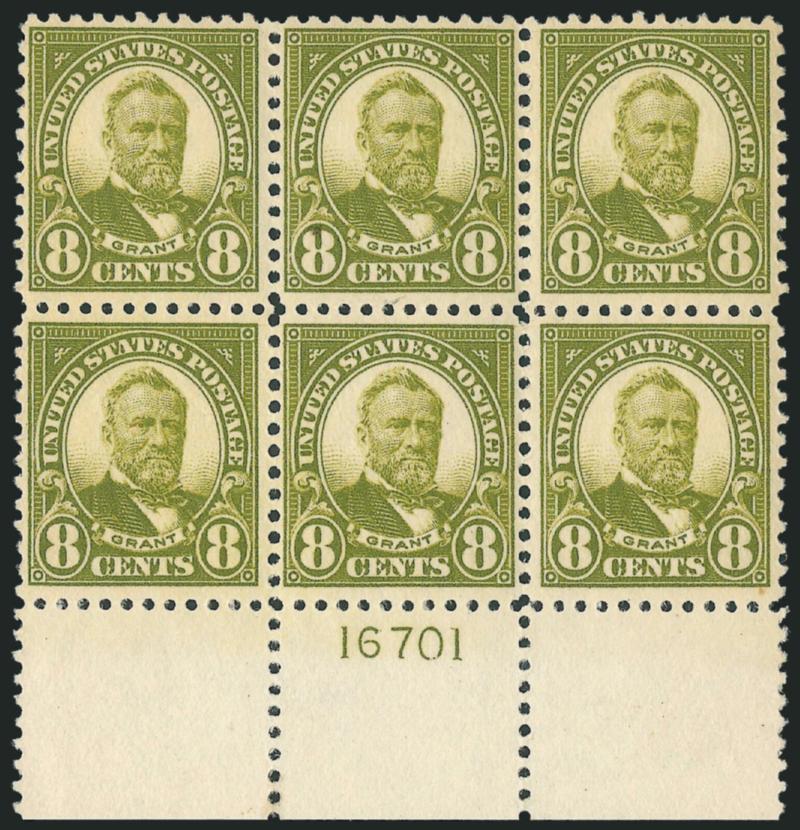 8c Olive Green (560).> Mint N.H. wide bottom plate no. 16701 block of six, strong color on bright white paper, Fine-Very Fine