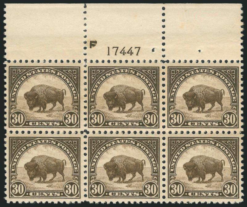 30c Olive Brown (569).> Mint N.H. top plate no. 17447 and F block of six, rich color, Very Fine, a pretty plate block