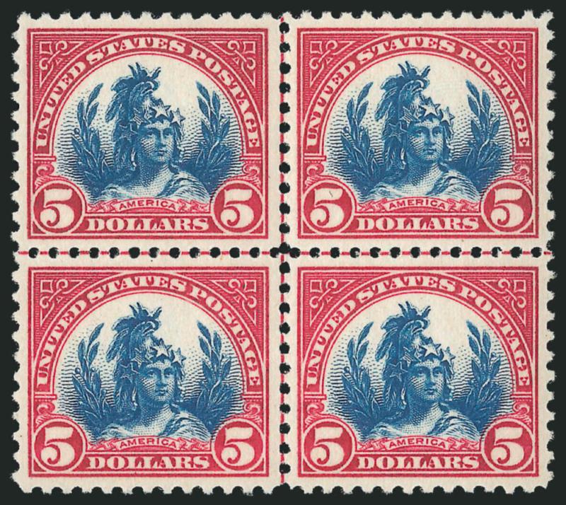 $1.00-$5.00 1922-25 Issue (571-573).> Mint N.H. blocks of four, $5.00 with centerline, fresh, bright colors, Very Fine-Extremely Fine, $5.00 with 2009 P.S.E. certificate